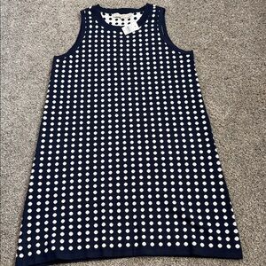 LOFT NWT Navy and white Polka-dotted sleeveless sweater dress, Med.